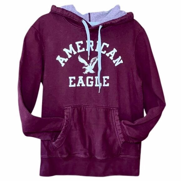 American Eagle Classic Fit Sweatshirt Hoodie in Burgundy/Cream Men’s M - Picture 2 of 8